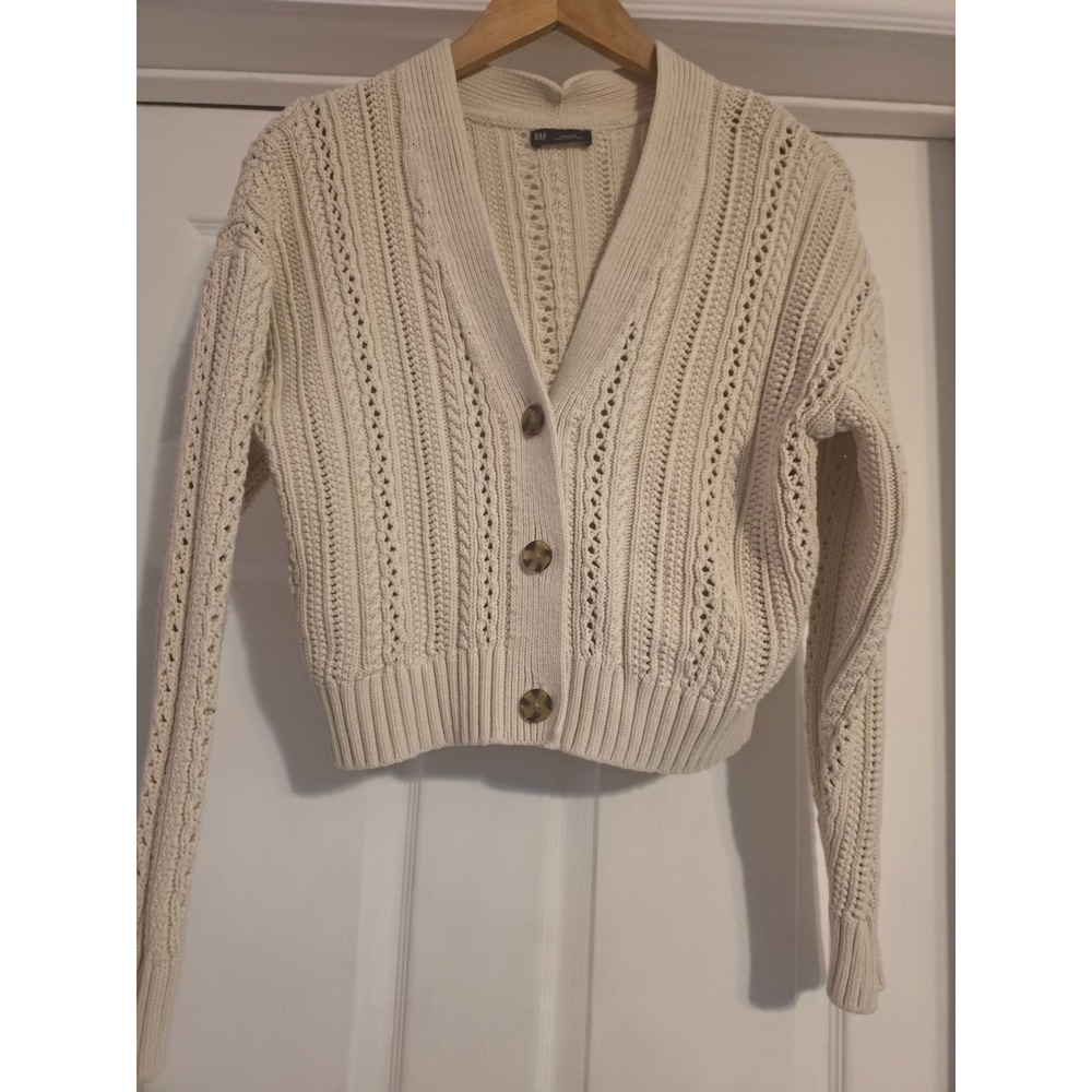 Gap Womens Cardigan Sweater Cream Cropped Pointelle Cable Knit V-Neck Medium - Picture 2 of 9